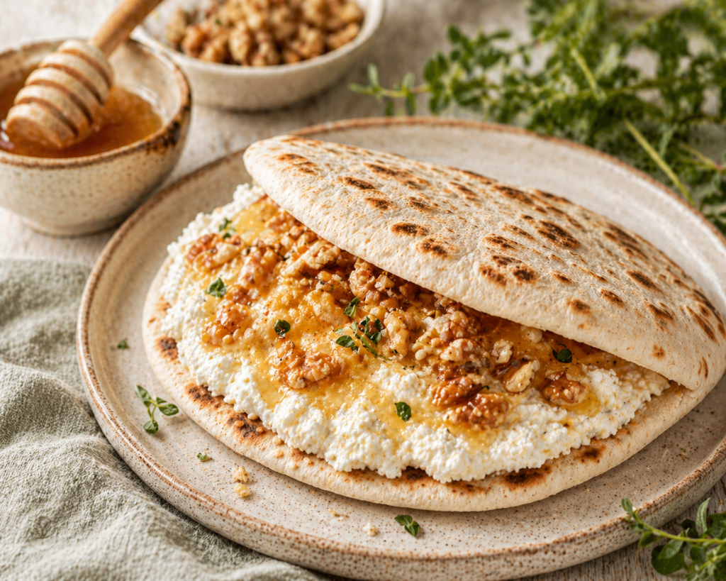 Pão sírio recheado com ricota, mel e nozes em prato rústico