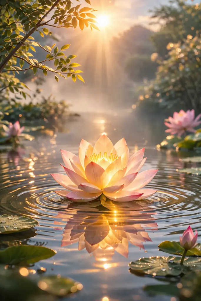 Flor de lótus iluminada sobre água escura representando luz espiritual e transformação