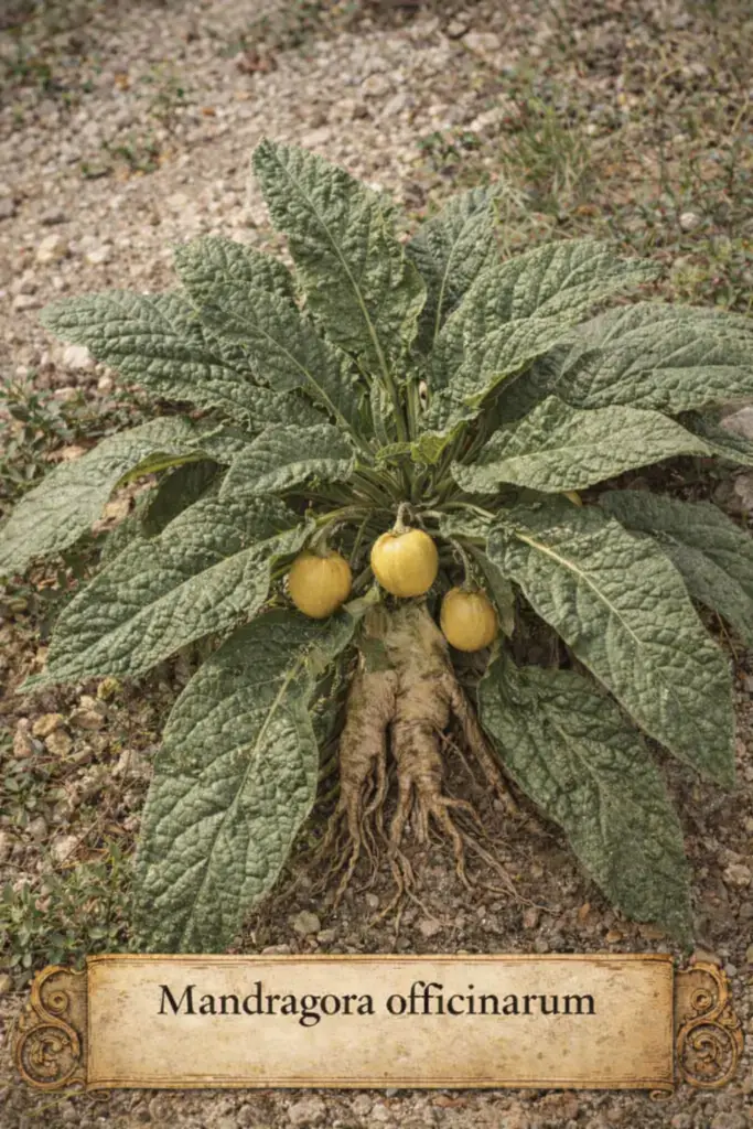 Mandrágora real com folhas verdes largas, frutos amarelos e raiz exposta em solo seco