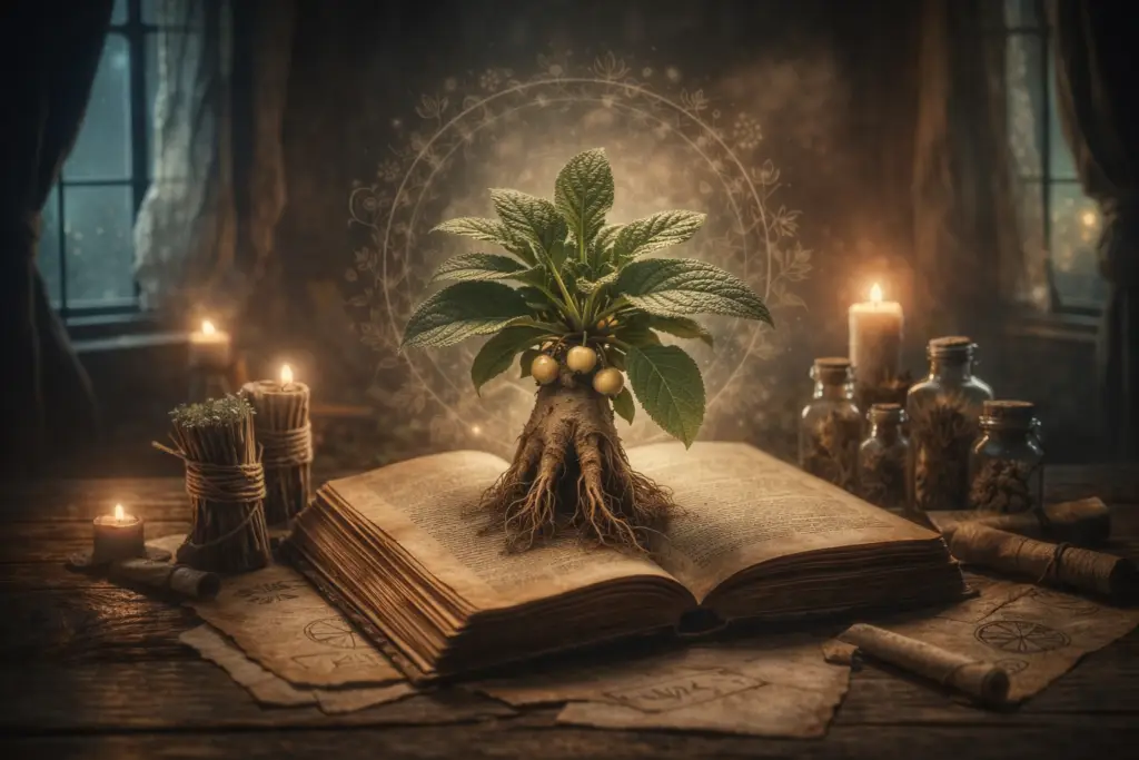 Mandrágora surgindo de livro antigo com luz suave e ambiente botânico rústico