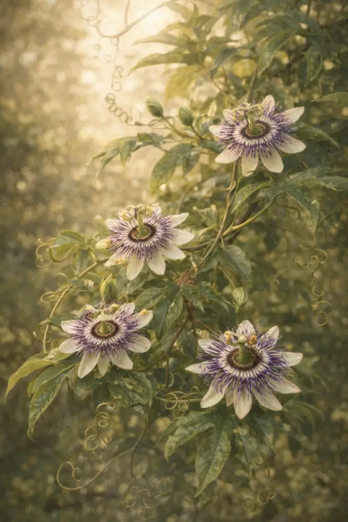 Flores de maracujá (Passiflora edulis) em planta trepadeira com folhas verdes e luz natural suave