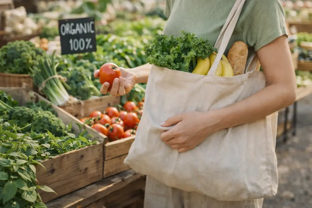 Pessoa escolhendo alimentos naturais em feira orgânica com sacola reutilizável