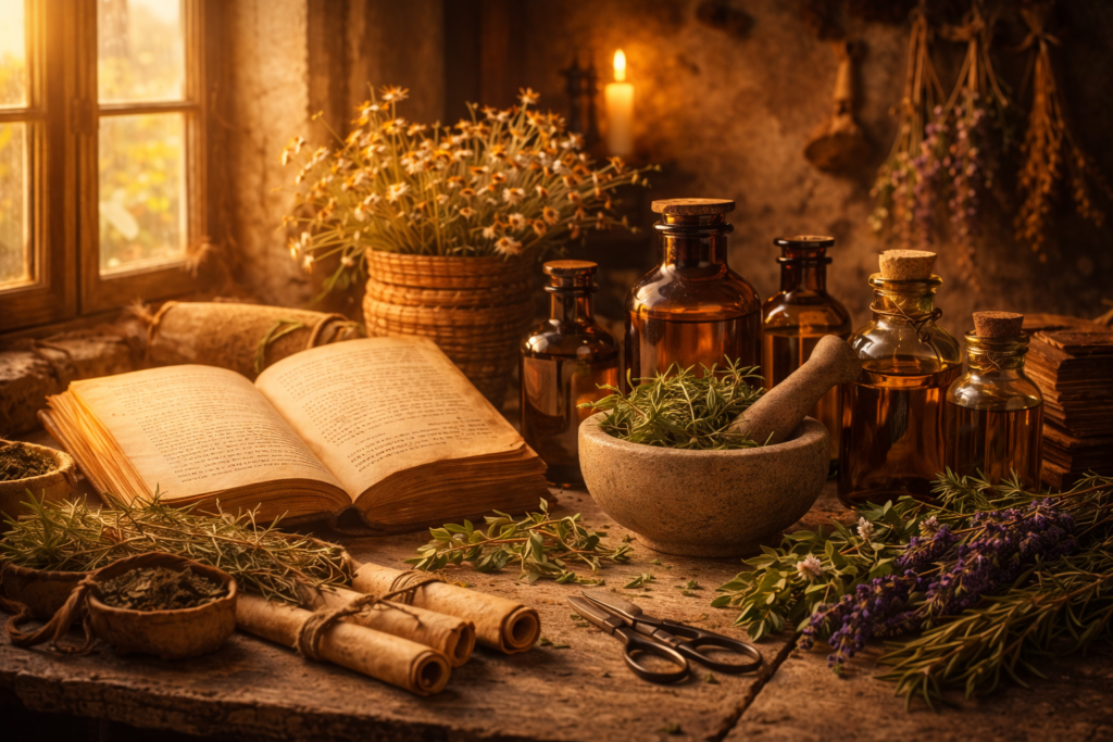 mesa com ervas medicinais, livro antigo aberto, frascos e utensílios de preparo natural
