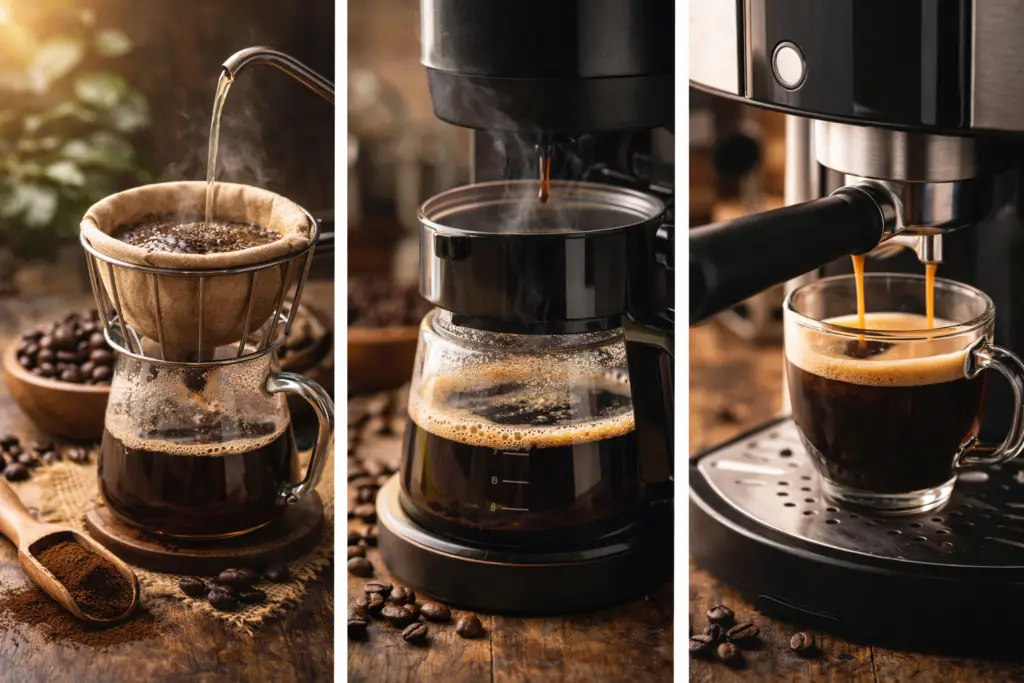 café sendo preparado em coador e cafeteira moderna