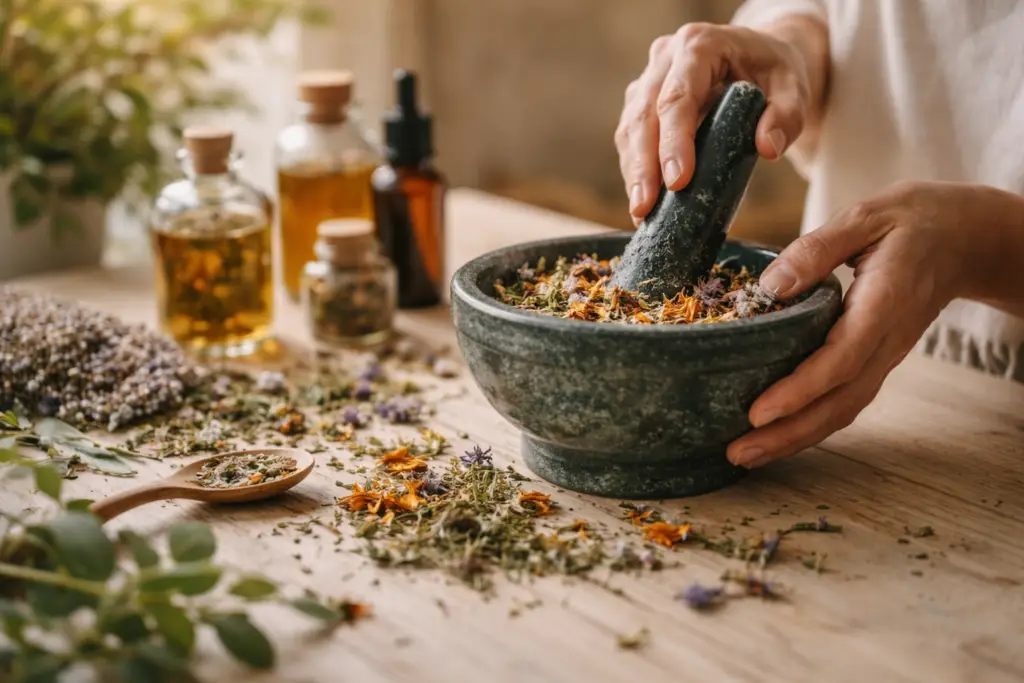mãos preparando ervas medicinais em pilão com atenção e cuidado