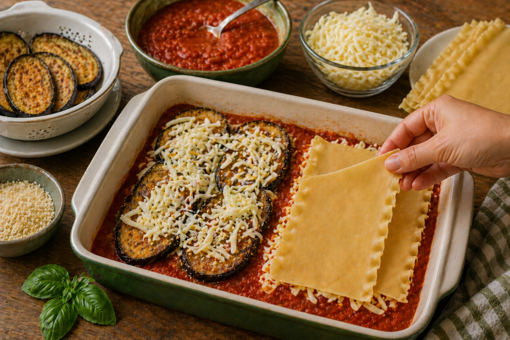 montagem de lasanha de berinjela com molho e queijo