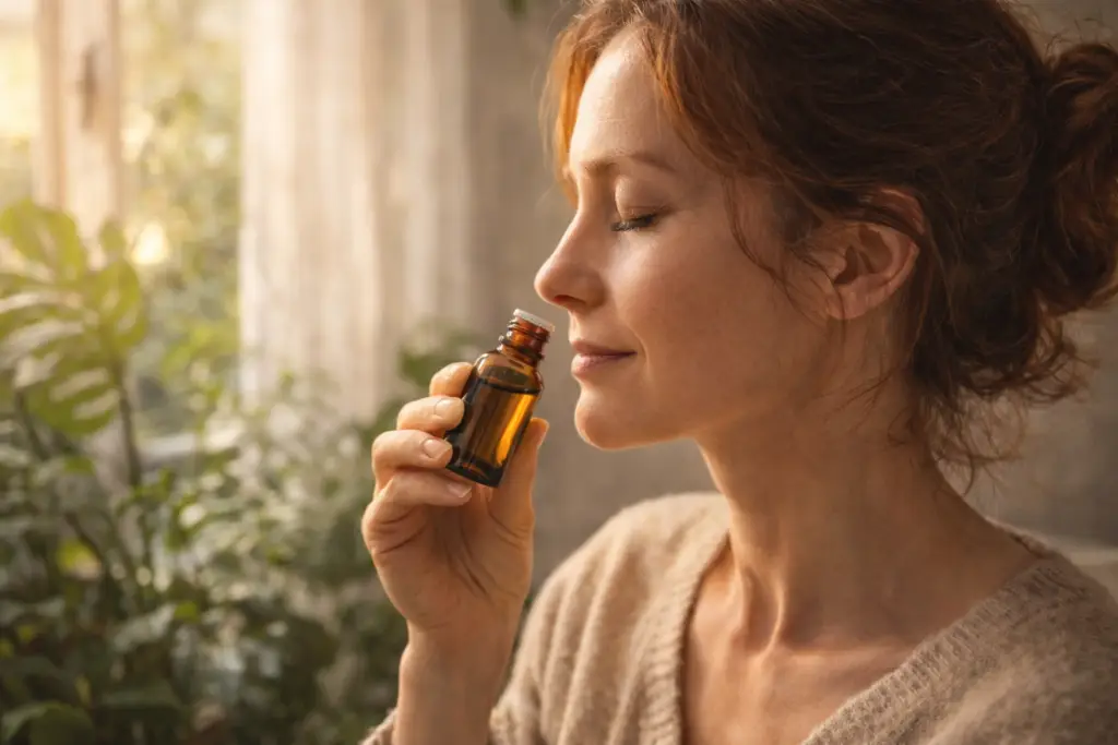 Mulher inalando óleo essencial em um ambiente iluminado por luz natural suave, com plantas ao fundo