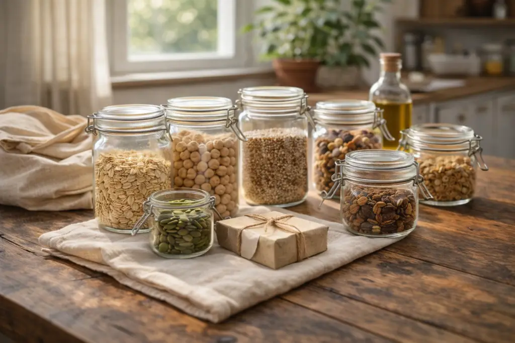 Vida sustentável: potes de vidro com grãos e sementes organizados em cozinha sustentável