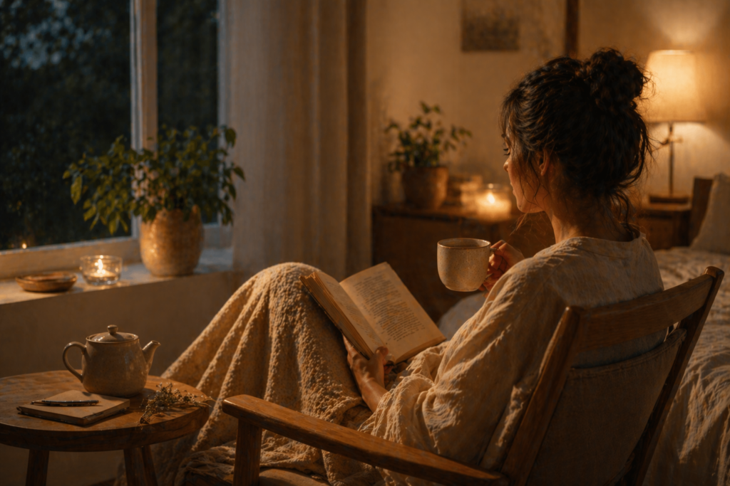 momento de relaxamento noturno com chá e luz suave