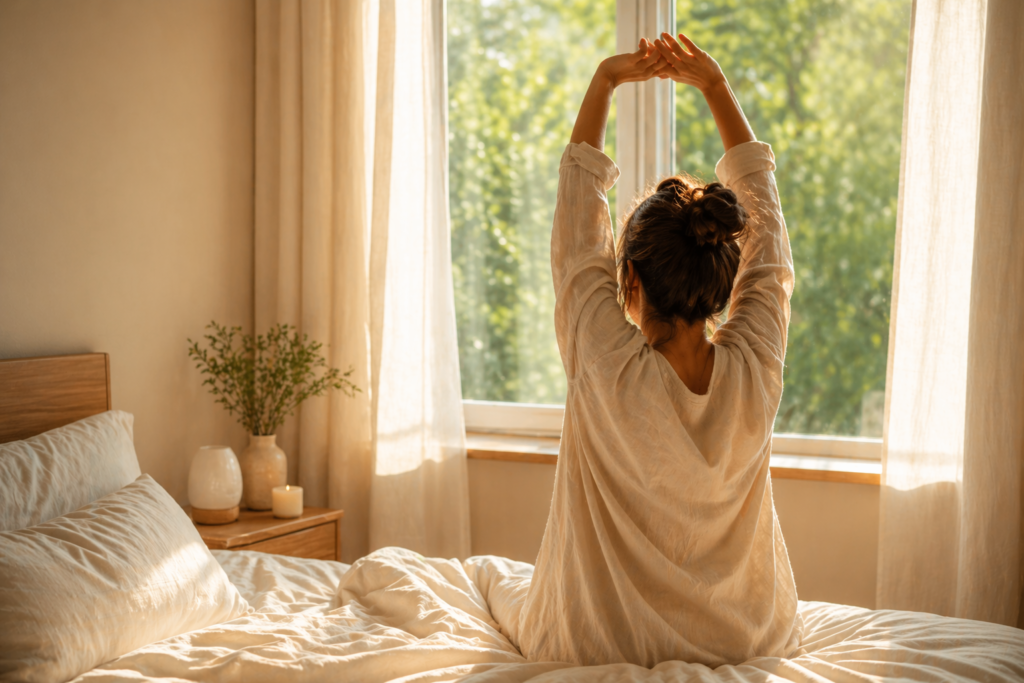 pausa ao acordar com luz natural entrando pela janela e ambiente tranquilo