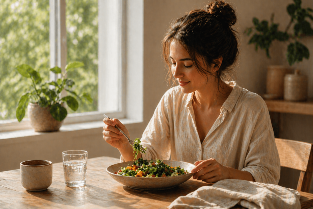 refeição feita com atenção em ambiente tranquilo e iluminado