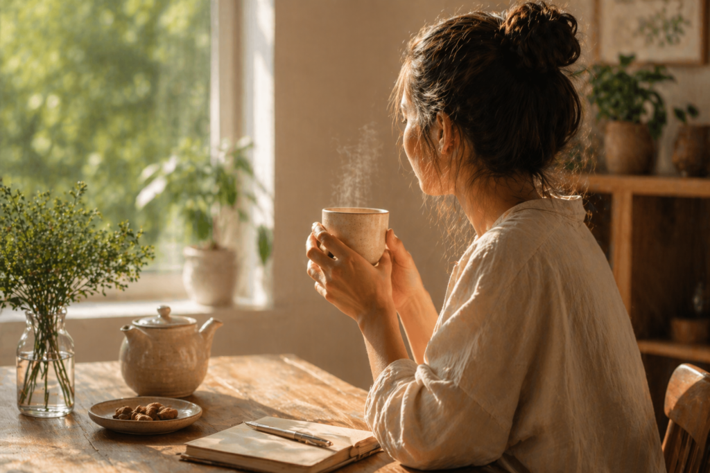 pausa consciente com chá em ambiente iluminado e tranquilo