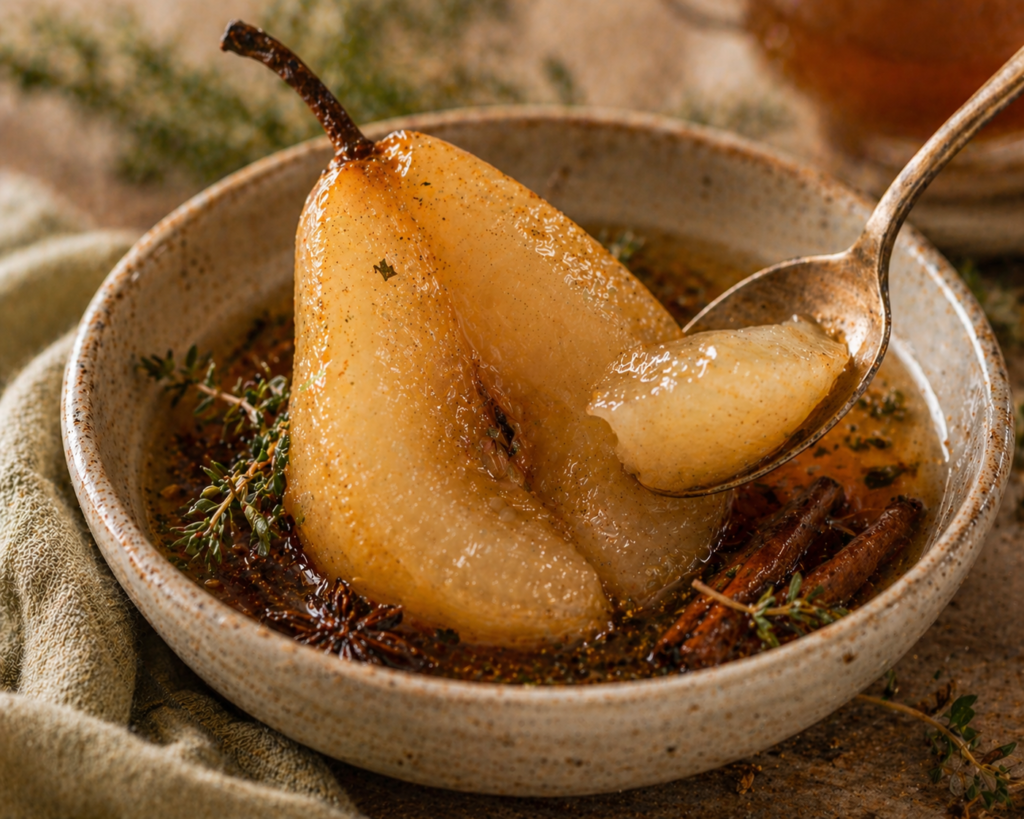 Pera cozida sendo servida com colher mostrando textura macia e calda