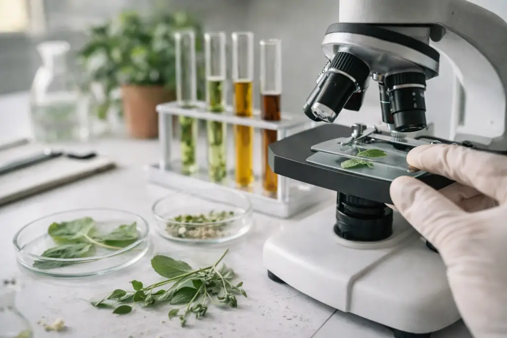 Folha sendo analisada em microscópio com tubos de ensaio contendo extratos naturais ao fundo