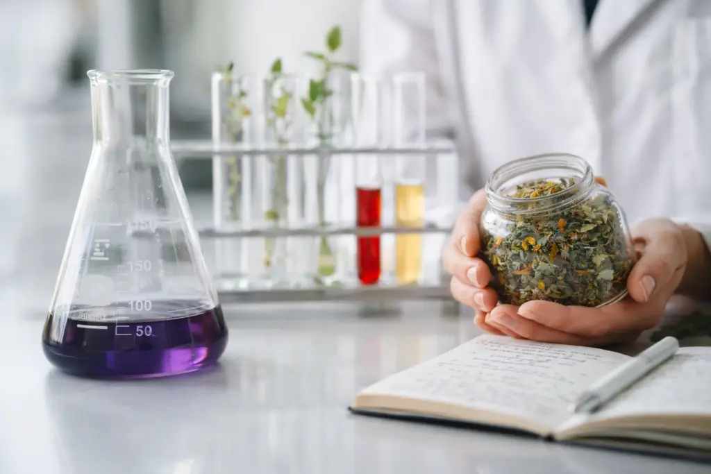 análise de plantas medicinais em laboratório com equipamentos científicos