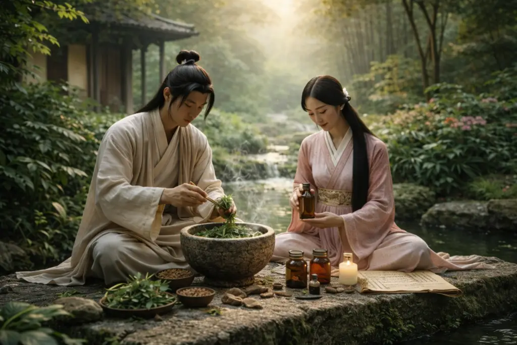 Duas pessoas preparando plantas medicinais em ambiente natural com luz suave