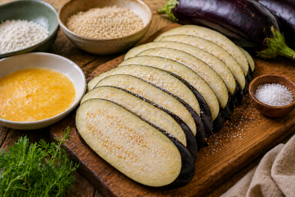 fatias de berinjela com sal preparadas para receita de lasanha
