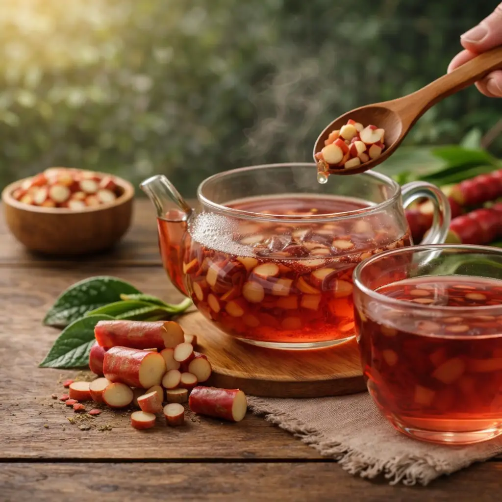 preparo do chá de cana-do-brejo com pedaços da raiz em infusão