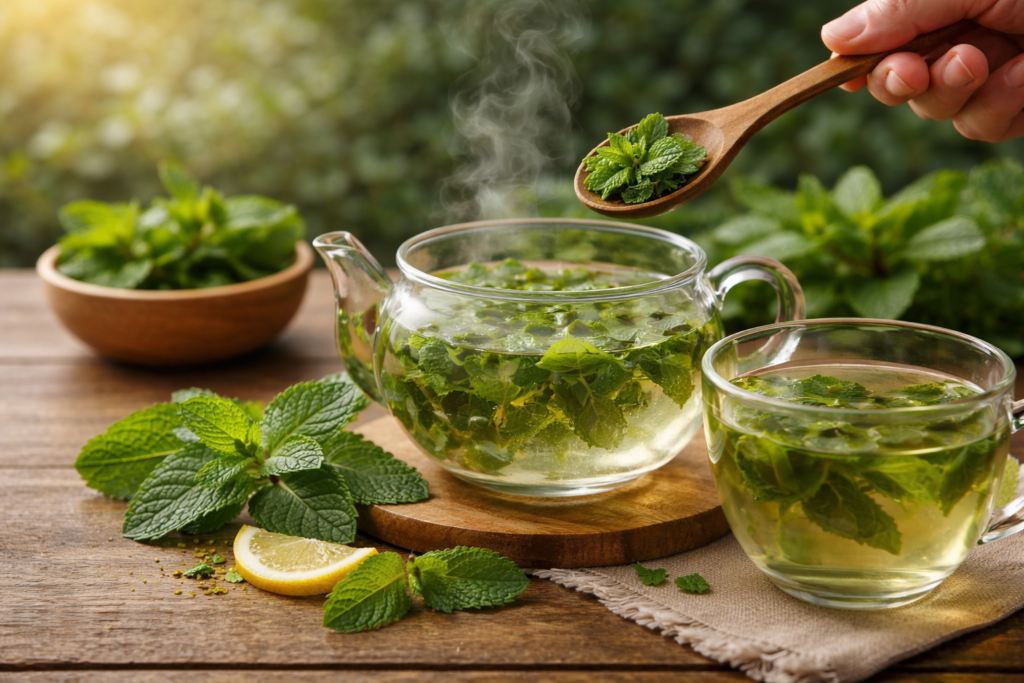 Chá de Hortelã: benefícios e como preparar | Benverde preparo do chá de hortelã com folhas frescas em infusão