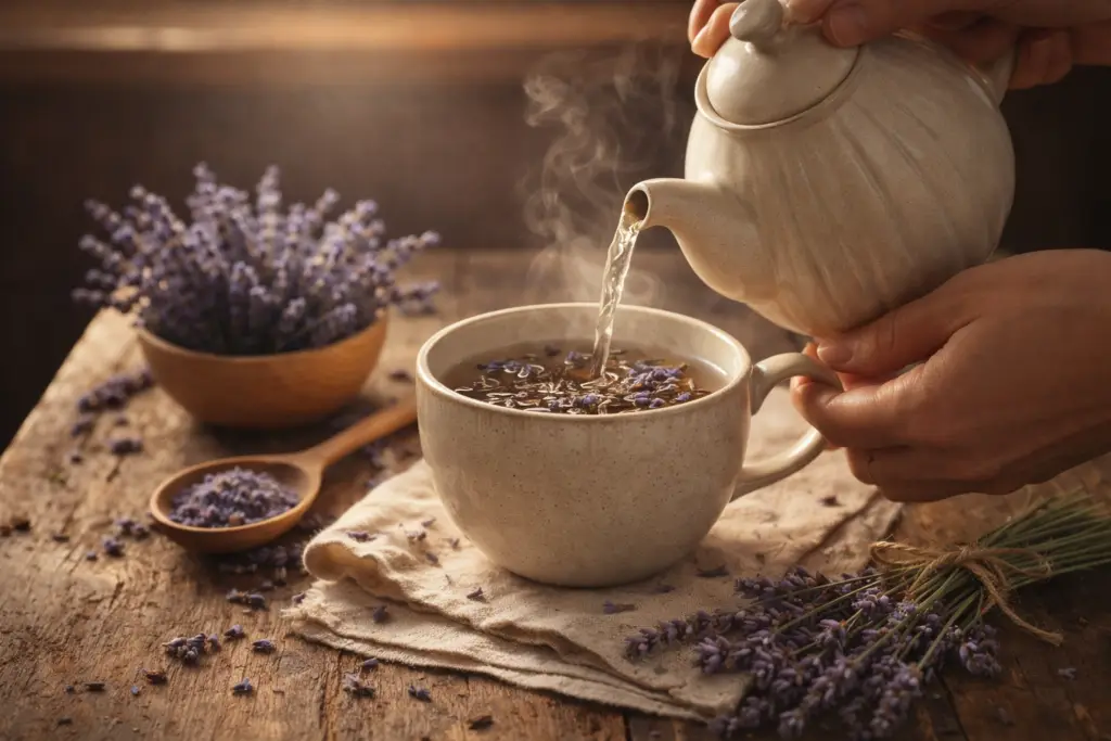 Preparo do chá de lavanda em xícara com vapor, ervas naturais e luz suave