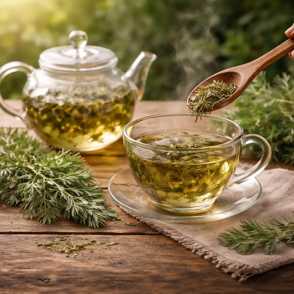 preparo de chá de losna com folhas naturais