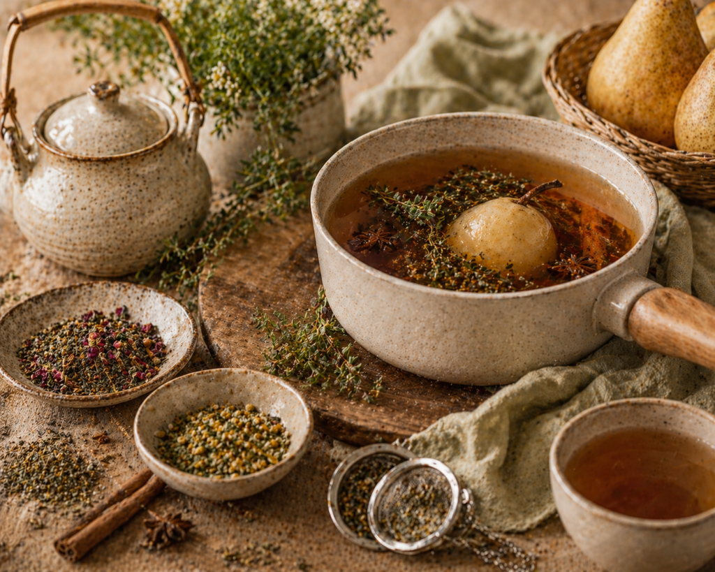 Chá sendo preparado com ervas, especiarias e pera em panela rústica