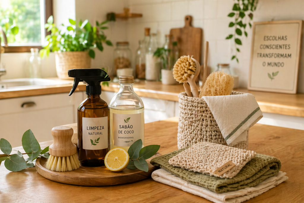 produtos ecológicos de limpeza em cozinha com luz natural e elementos sustentáveis