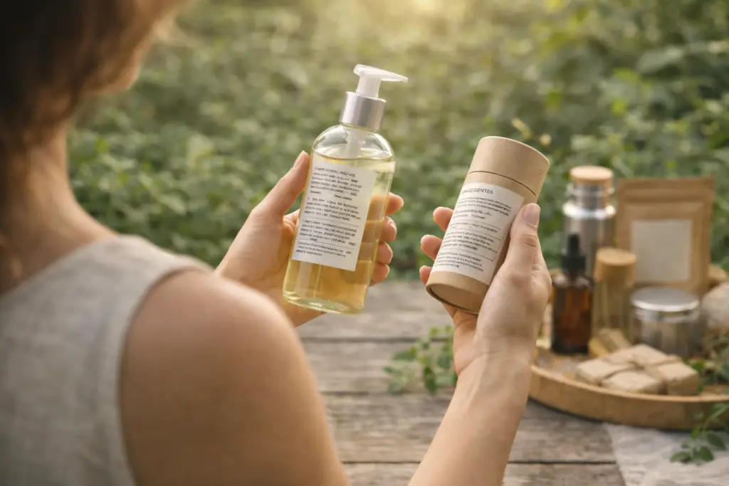 Pessoa analisando rótulo de produto ecológico antes de comprar