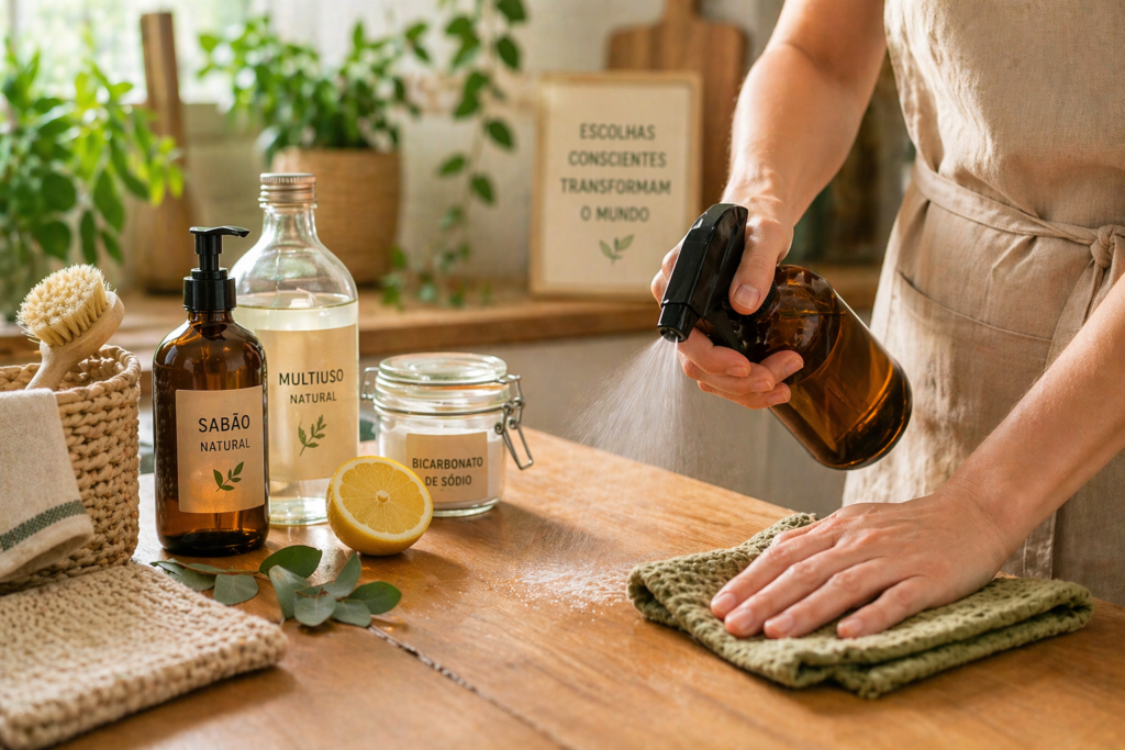 Produtos ecológicos de limpeza: casa sustentável sem agredir o meio ambiente | Benverde uso de produtos de limpeza ecológicos com borrifador natural e pano em superfície de madeira