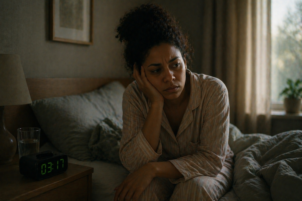 mulher acordada na cama durante a noite com expressão de cansaço