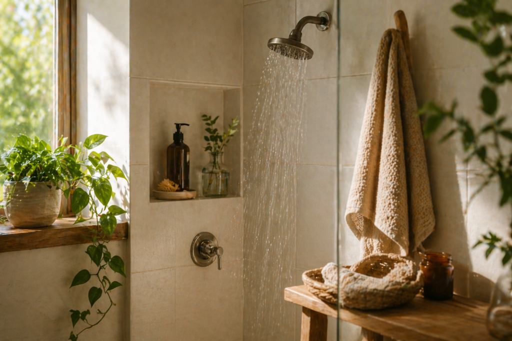 chuveiro com água corrente em banheiro com luz natural e elementos naturais