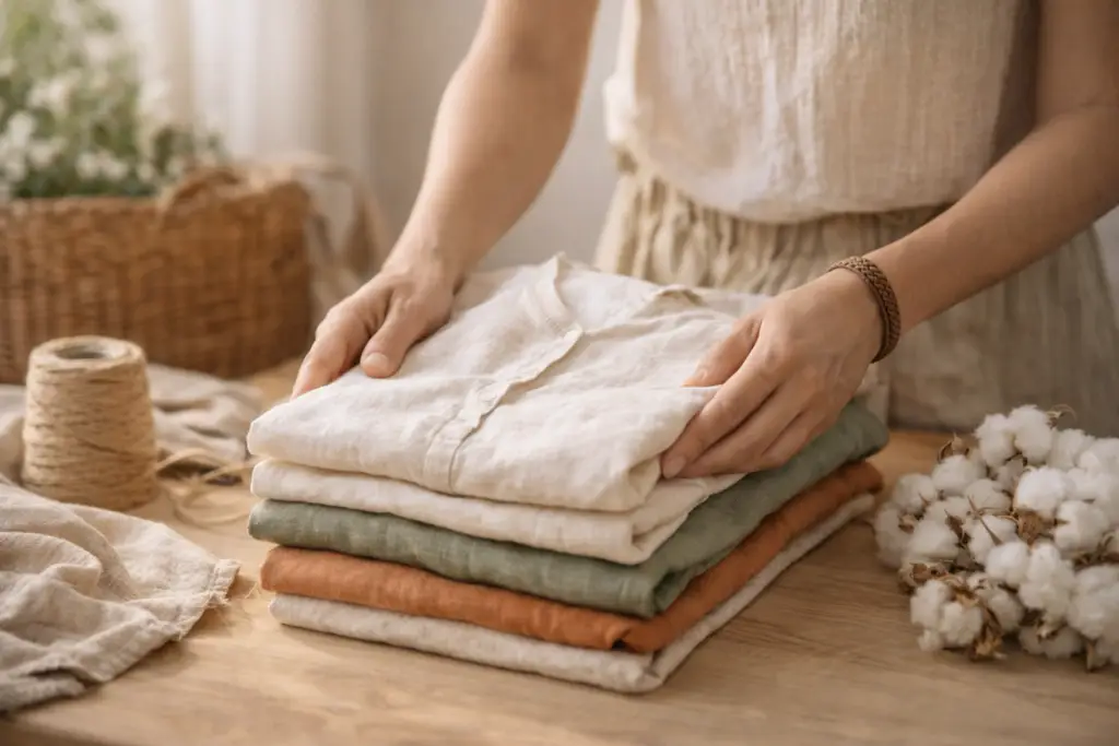 Pessoa dobrando roupas de tecidos naturais como algodão e linho em ambiente acolhedor