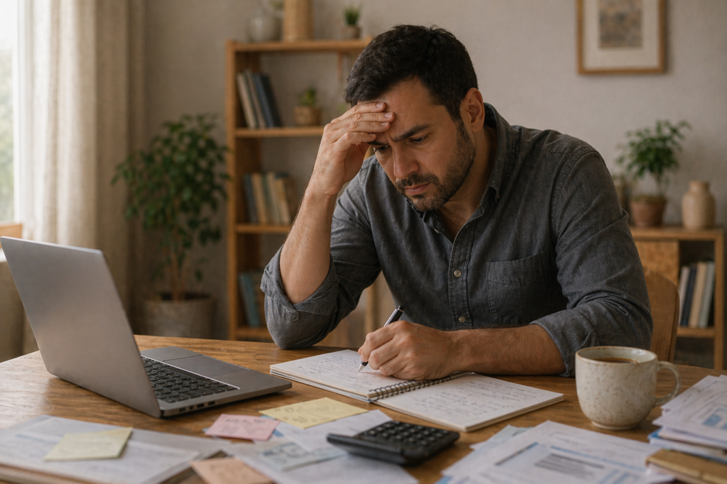 homem trabalhando com expressão de tensão em mesa com papéis e computador
