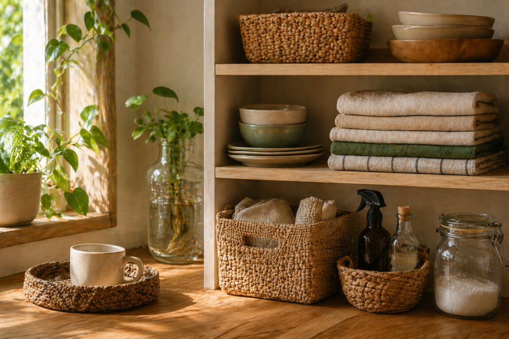 ambiente doméstico organizado com objetos simples e materiais naturais