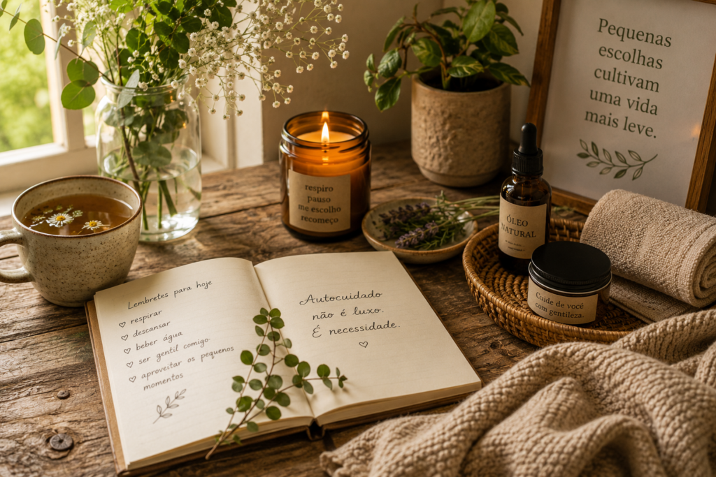 Mesa rústica com chá, vela, caderno aberto, plantas e itens naturais de autocuidado em ambiente acolhedor e iluminado.