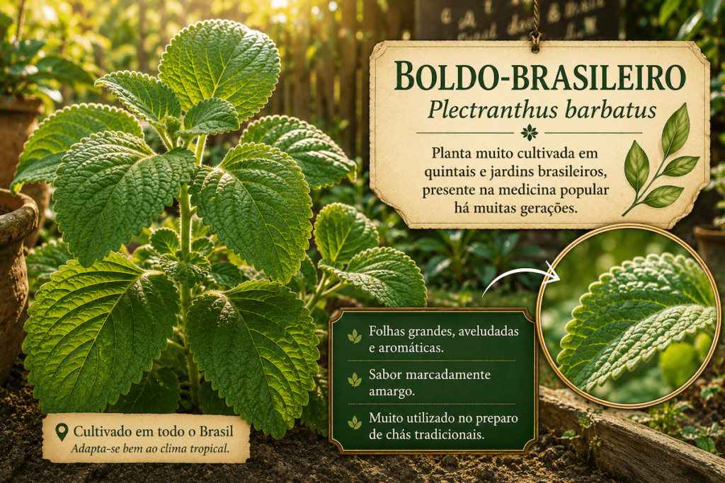Boldo do Chile plantado no Brasil é igual? Entenda as diferenças | Benverde Planta de boldo-brasileiro com folhas grandes e aveludadas crescendo em quintal iluminado pela luz natural.