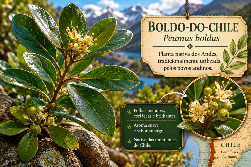 Boldo do Chile plantado no Brasil é igual? Entenda as diferenças | Benverde Ramo do boldo-do-chile com folhas verdes coriáceas em paisagem montanhosa dos Andes.