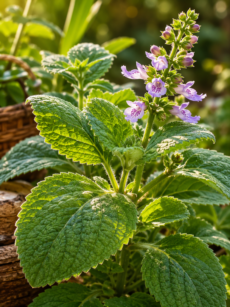 Imagem do boldo-brasileiro (Plectranthus barbatus) crescendo na natureza, com folhas verdes texturizadas e flores lilases iluminadas pela luz suave do entardecer.