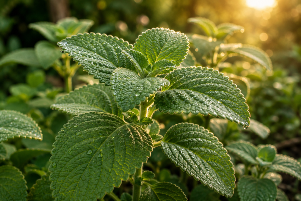 Close nas folhas verdes do boldo com gotas de orvalho iluminadas pela luz suave da manhã em ambiente natural.