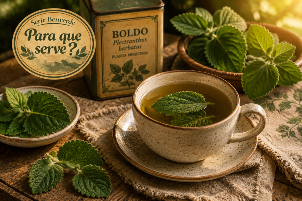 Xícara de chá de boldo ao lado de folhas frescas da planta medicinal em ambiente rústico iluminado naturalmente.