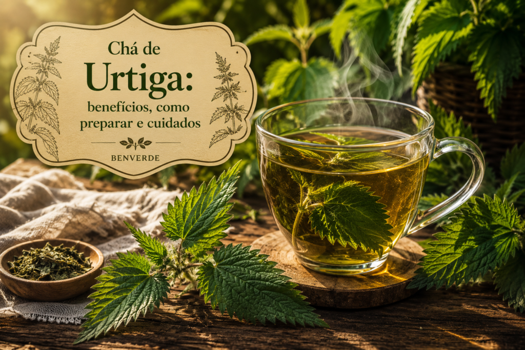 Imagem do chá de urtiga servido em xícara transparente sobre mesa rústica com folhas verdes de urtiga ao redor.