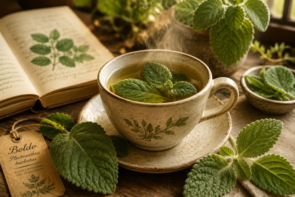 Chá de boldo: como preparar, usos tradicionais e cuidados | Benverde Xícara de chá de boldo fumegante sobre mesa rústica de madeira, com folhas frescas de boldo e atmosfera acolhedora iluminada pela luz natural.