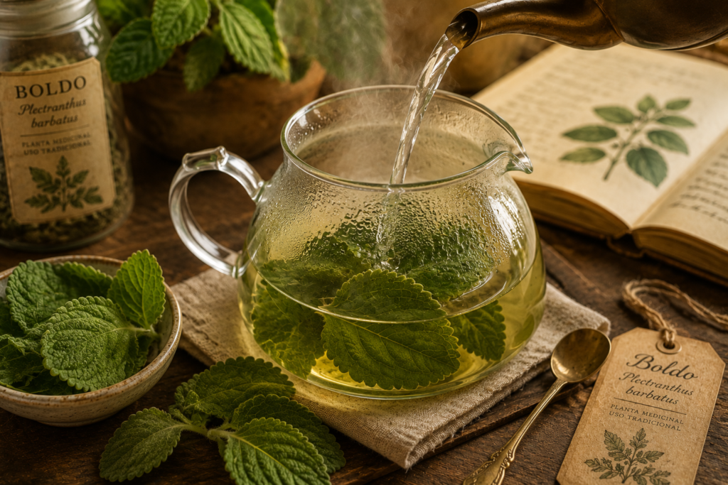 Chá de boldo: como preparar, usos tradicionais e cuidados | Benverde Folhas frescas de boldo sendo infusionadas em recipiente de vidro com água quente, em ambiente rústico e iluminado naturalmente.