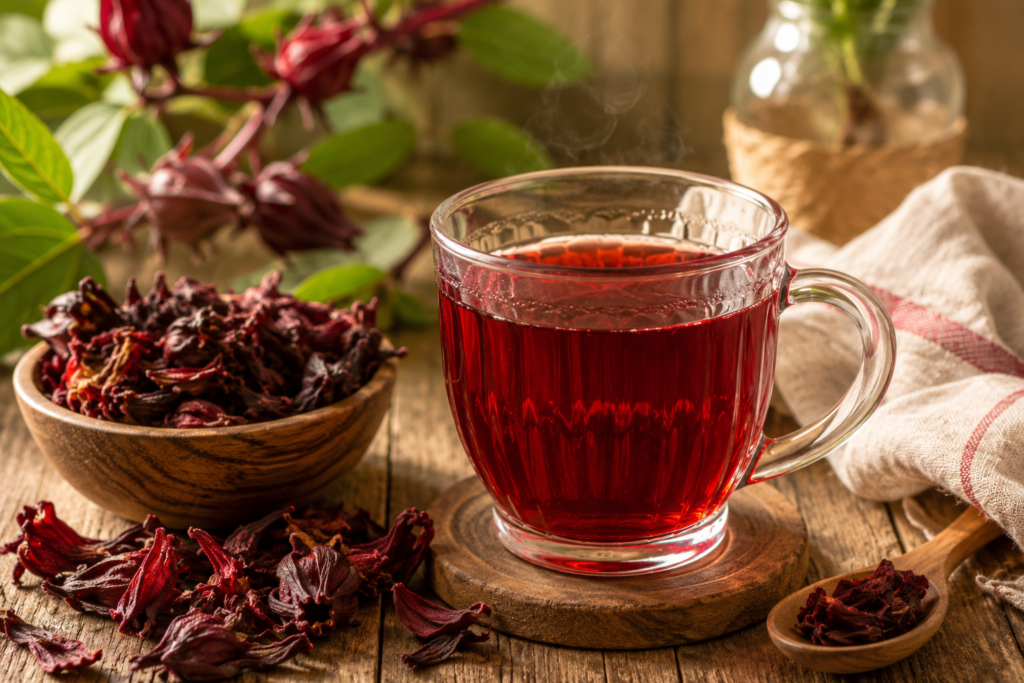 Xícara de chá de hibisco vermelho sobre mesa rústica de madeira com cálices secos ao redor.