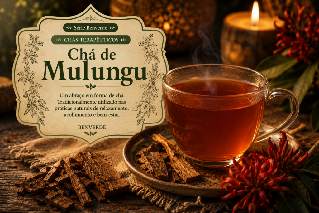 magem do chá de mulungu servido em xícara de vidro ao lado de cascas da planta e flores avermelhadas em ambiente acolhedor.