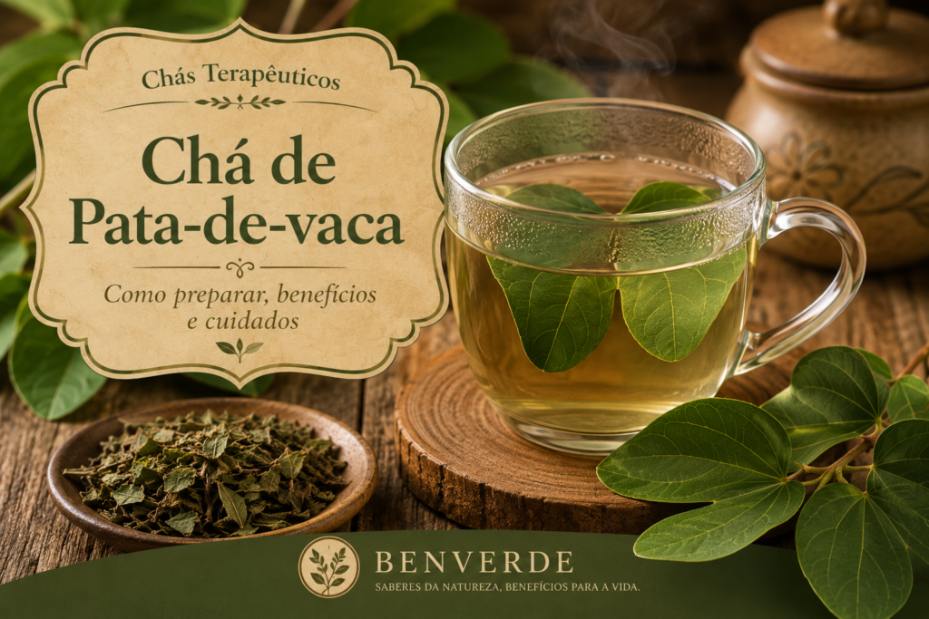 Imagem do chá de pata-de-vaca servido em xícara transparente sobre mesa rústica com folhas da planta e elementos botânicos naturai