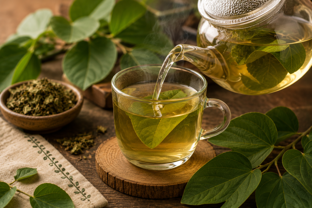 Infusão de pata-de-vaca sendo servida em xícara transparente ao lado de folhas frescas e secas da planta.