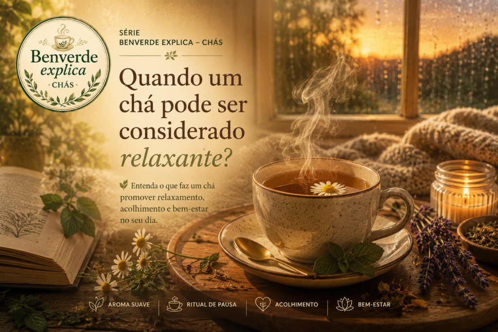 Chá pode ser considerado relaxante: xícara de chá fumegante com camomila, lavanda e luz suave de fim de tarde em ambiente acolhedor.