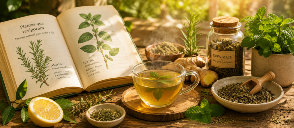 Chás Energizantes: mesa rústica iluminada pelo sol da manhã com chá energizante, ervas medicinais, gengibre, erva-mate e livro botânico aberto.
