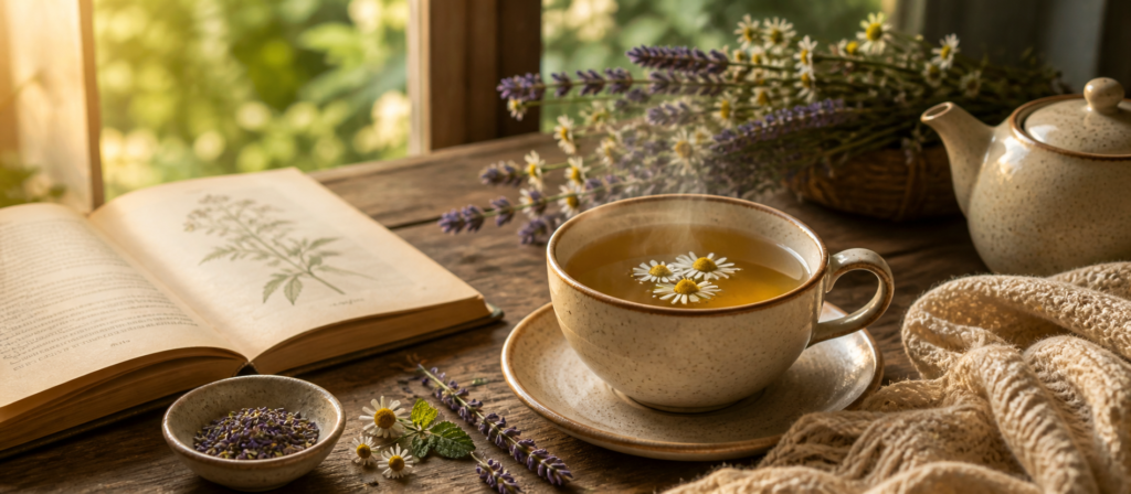 Chás relaxantes: xícara de chá relaxante ao lado de ervas, flores e livro botânico em ambiente acolhedor iluminado pela luz natural.